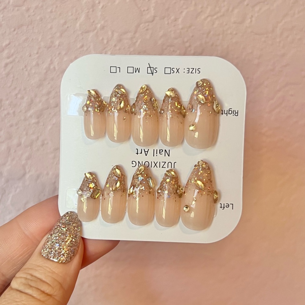 Neutral Nude Press-On Nails with Gold Glitter & Jewel Tips ✨